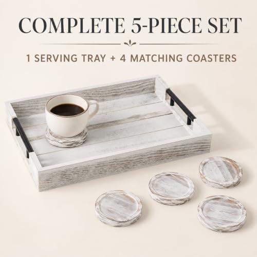 Whitewashed Wooden Serving Tray with Black Metal Handles and 4