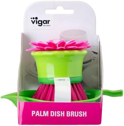 Vigar Flower Power Palm Dish Scrub Brush Holder, Pink, Green