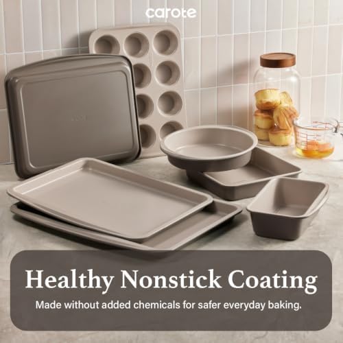 Carote 7Pieces Baking Pans Set Nonstick, Premium Carbon Steel Non Toxic Stackable Bakeware Sets for Kitchen, Scratch-Resistant, Oven Bake Sheets for Baking, Cake Pan, Roasting Pan, Muffin Pan, Brown