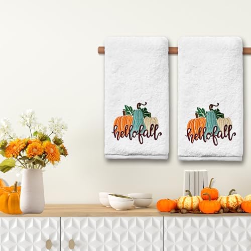 Cotton Embroidered Pumpkin Kitchen Towel Set of 2 - Autumn