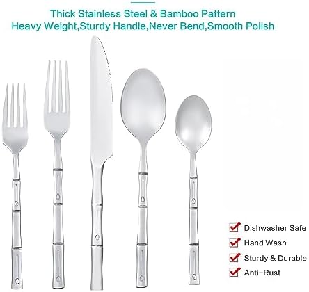 Silverware Set Silver Bamboo Handle Flatware Stainless Steel Heavy