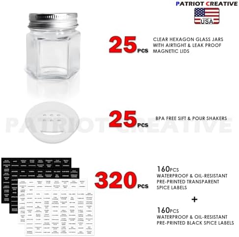 PATRIOT 25-Pack Hexagon Glass Spice Jars, Shaker Lids