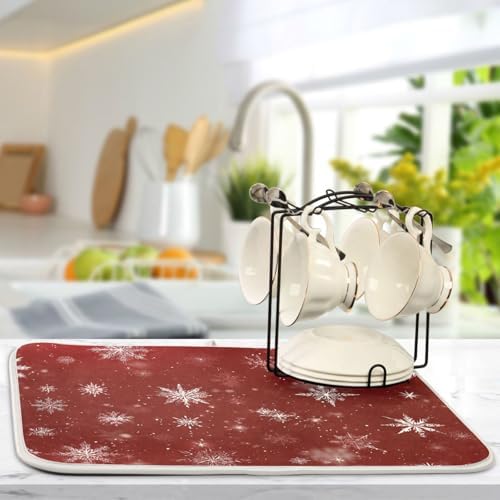 OTVEE Red Snowflake Beauty Dish Drying Mat for Kitchen Counter