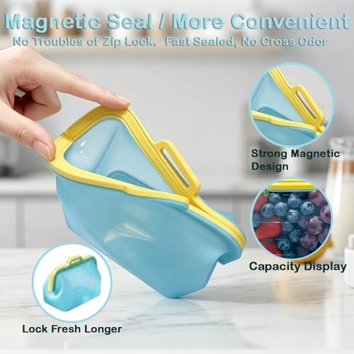 Reusable Silicone Food Storage Bags(2 Pack), Magnetic Seal