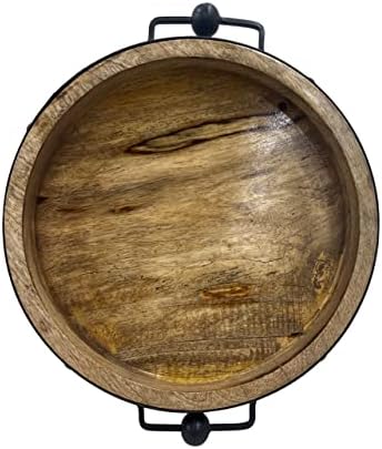 12 Inch Round Wooden Serving Tray with Metal Handles Rustic Natural