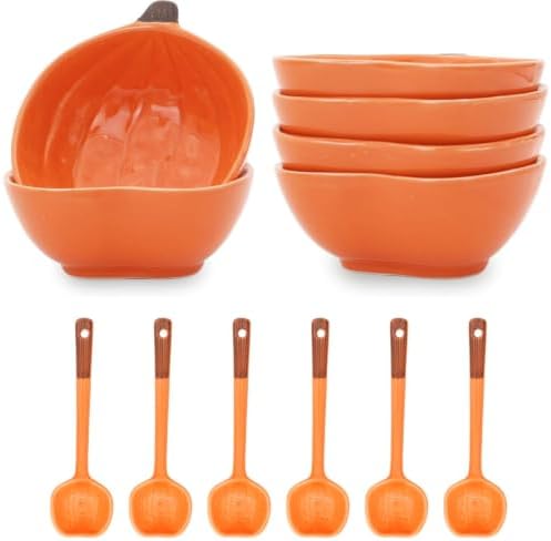 Orange Pumpkin Bowls Spoon, 6 oz Fall Ceramic Ramekins, Set of 6