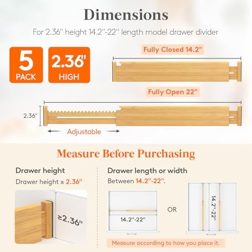Lifewit 2.36" Kitchen Drawer Dividers, Adjustable Bamboo Drawer