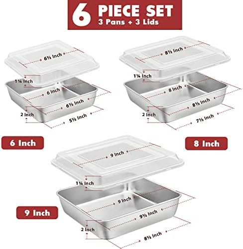 E-far 6/8/9-Inch Square Cake Pan with lid Set, Square Baking Brownie