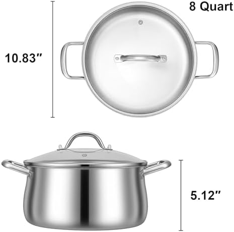 Tifanso 8QT Tri-Ply Stainless Steel Induction Stock Pot with Lid