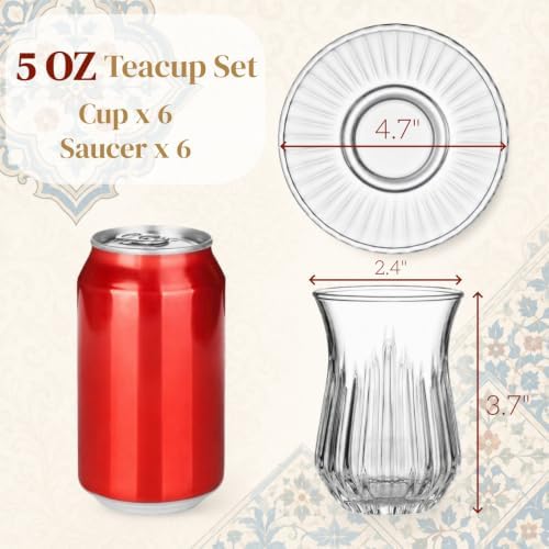 Dicunoy Set of 6 Turkish Tea Cup and Saucer, 5 Oz Clear Glass Teacup