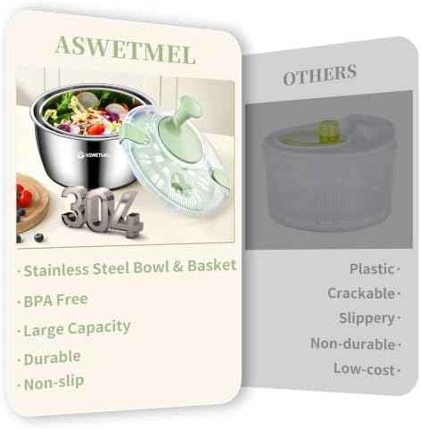 Stainless Steel Salad Spinner, ASWETMEL 5.3Qt Large Lettuce Dryer