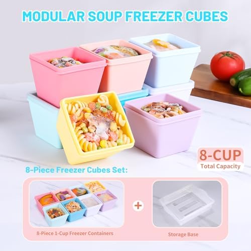 Gemice 1-Cup Silicone Freezer Molds with Lids & Base for Soup, 8-Pack