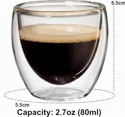 TEEM Double Wall Espresso Cups Set of 6, 2.7oz (80ml) Borosilicate
