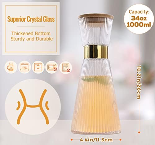 DUJUST Ribbed Glass Carafe with Lid (34oz), Elegant Water Carafe with