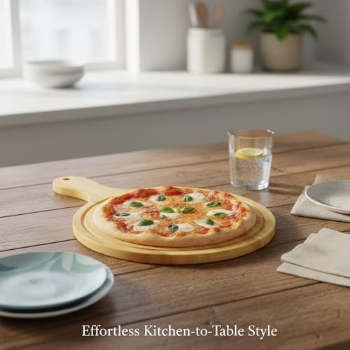 Solid Wood Serving Tray with Handle, 6-Inch Round Platter for Pizza