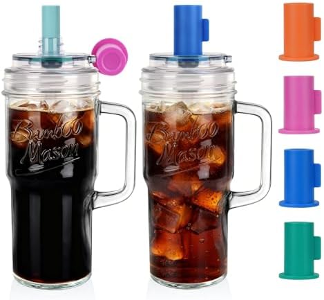 ANOTION Glass Cups With Lids And Straws, Leakproof Tumbler 24oz Mason