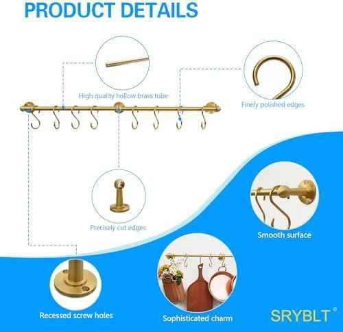 31 Inch Brass Pot Rack Wall Mounted, Kitchen Rail with Hooks for Pots, Pans, Mugs and Utensils, Segmented Wall Hanging Rack, Includes 8 S-Hooks