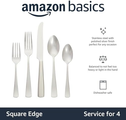 Amazon Basics 20-Piece Stainless Steel Flatware Set with Square Edge