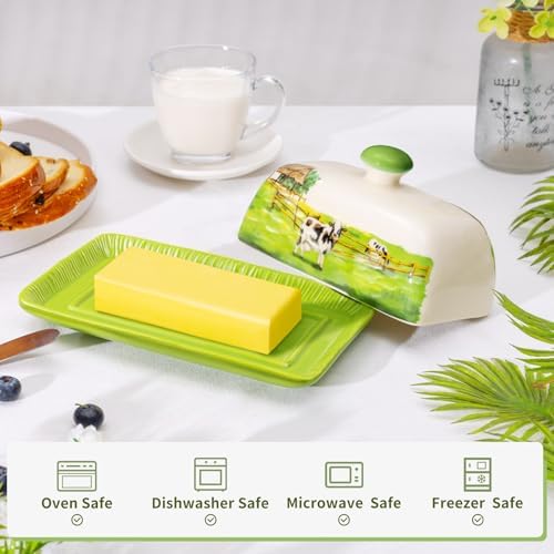 Cow Butter Dish with Lid for Countertop, Large Ceramic Embossed Butter