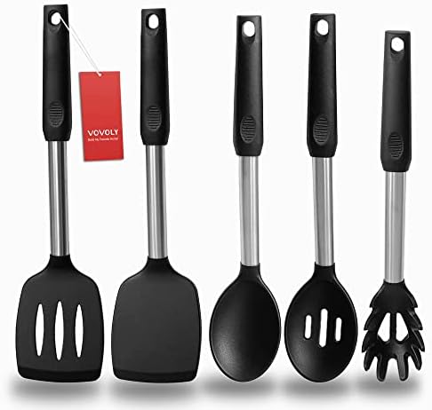 Silicone Spatula and Cooking Spoon Set, 5-Pack, Black
