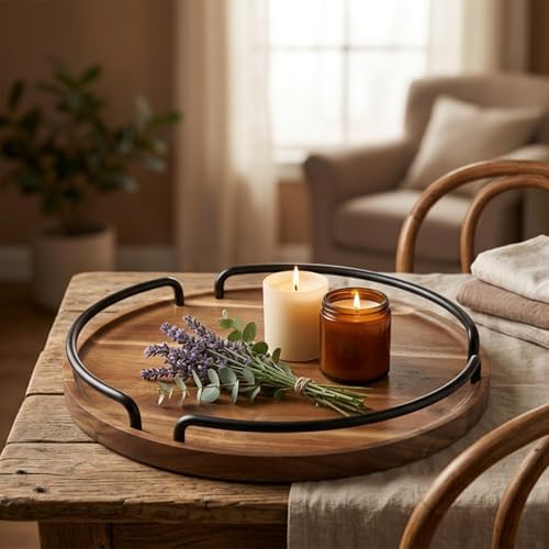 Round Wooden Serving Tray - Rustic Style Decorative Tray for Coffee