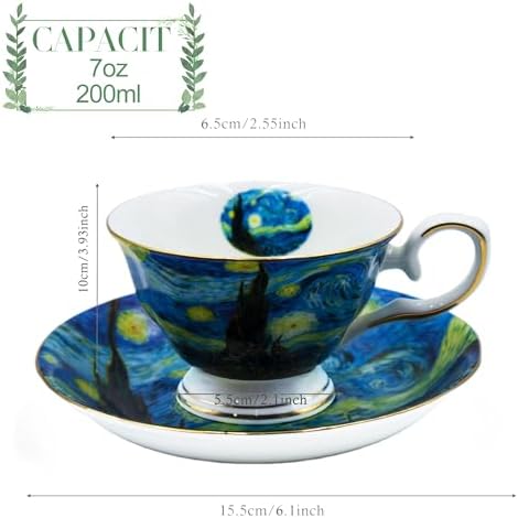 Floral Tea Cups Saucers Set of 2, Bone China 7 oz British Teacups