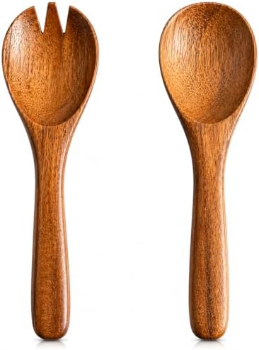 8 Inch Acacia Wood Salad Server Set Wooden Mixing Tongs Dinner Fork &