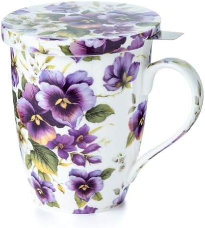 McIntosh Chintz Purple Pansies Fine Bone China Tea Mug with Lid and