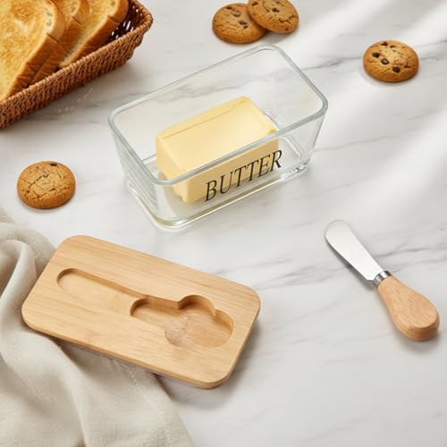 Glass Butter Dish with Bambo Lid and Knife, Airtight Butter Keeper for