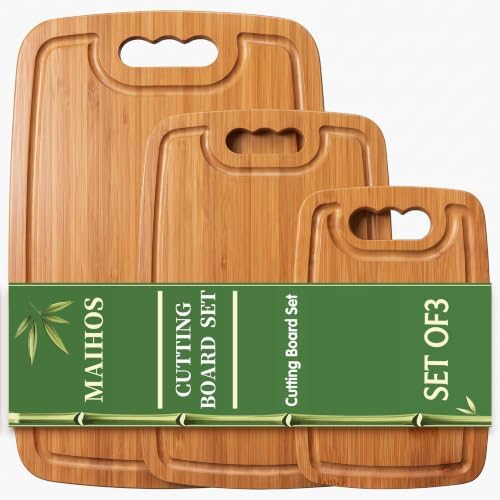 Bamboo Cutting Board Set of 3 with Stand, Juice Grooves, Handles