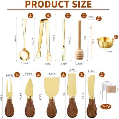 46Pcs Charcuterie Boards Accessories Small Serving Utensil Set Cheese Butter Spreader Knives Mini Stainless Steel Cutlery Tong Spoon Fork Bowl Wooden Toothpick for Kitchen Wedding Christmas Gift(Gold)