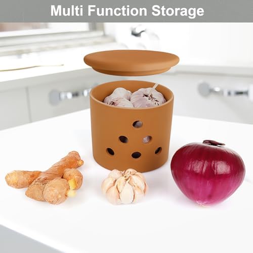 LEEPENK Terracotta Garlic Keeper,Vented Clay Garlic Storage Container