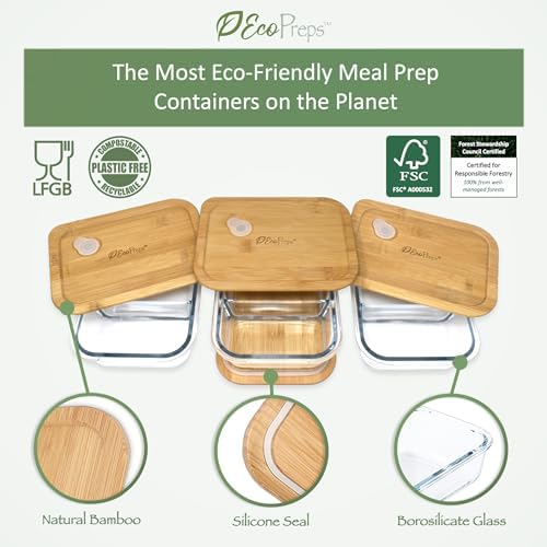 EcoPreps Glass Meal Prep Containers with Bamboo Lids, 2 Compartment