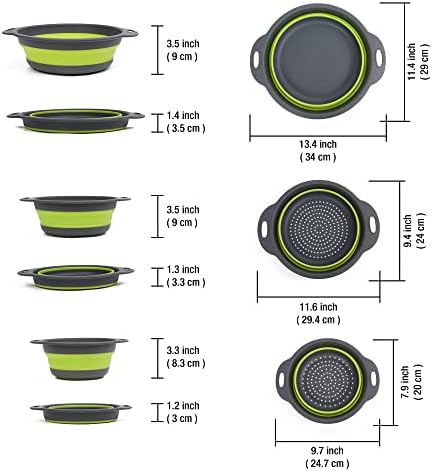Colanders & Food Strainers with Bowl [Collapsible 3 piece Set Green]