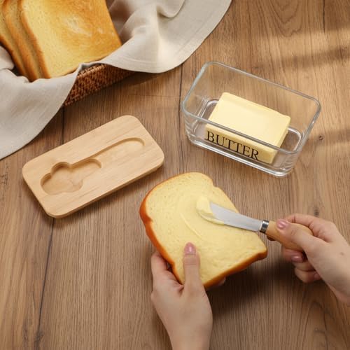 Glass Butter Dish with Bambo Lid and Knife, Airtight Butter Keeper for
