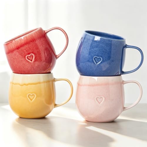 Stoneware Coffee Mugs Set of 4, 12oz Hand-Painted Coffee Cups with