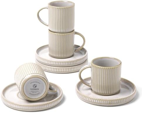famiware 3oz Espresso Cups and Saucers, Set of 4, Cappuccino White