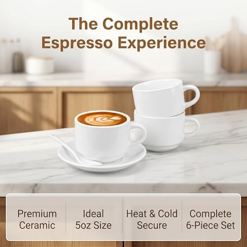 Hedume 6 Pack 5 OZ Espresso Cups with Saucers and Spoons, Stackable