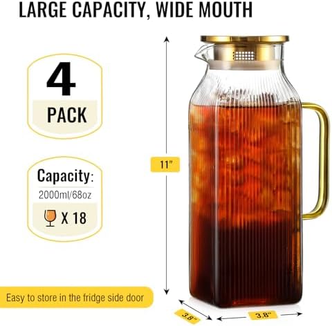 4 Pack 2 Liter/68 oz Square Glass Pitcher with Lid, Classic Stripes