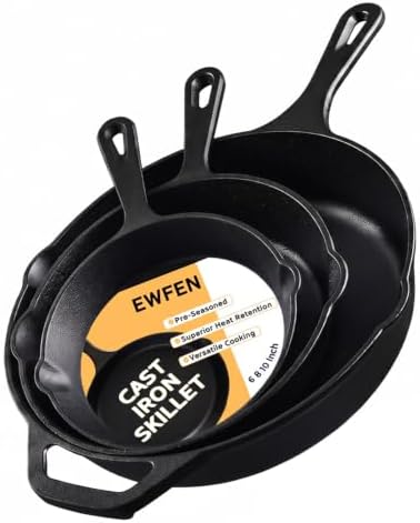 EWFEN Cast Iron Skillet 3-Piece Set, Heavy-Duty Professional