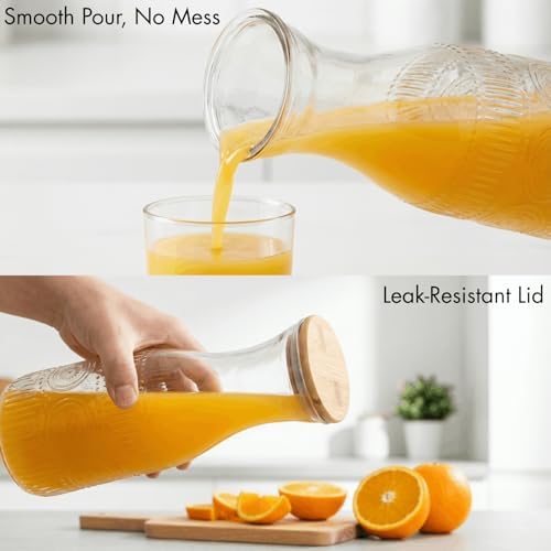 YOUEON 4 Pack Glass Carafe with Lid, 1 Liter Beverage Pitchers Carafes