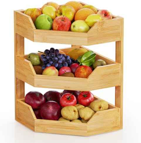 3 Tier Bamboo Corner Fruit Basket for Kitchen Counter, Large Fruit Holder