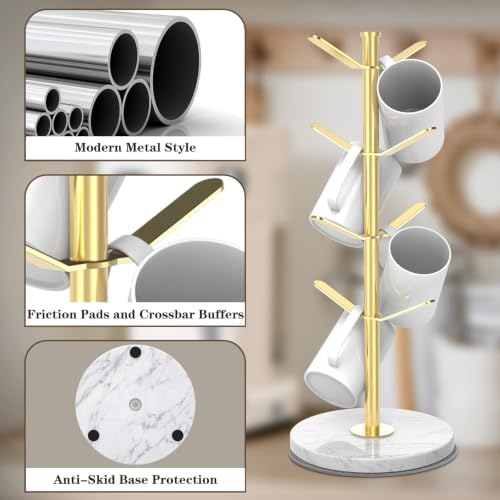 Gold Marble Mug Holder Tree with 2–8 Adjustable Hooks