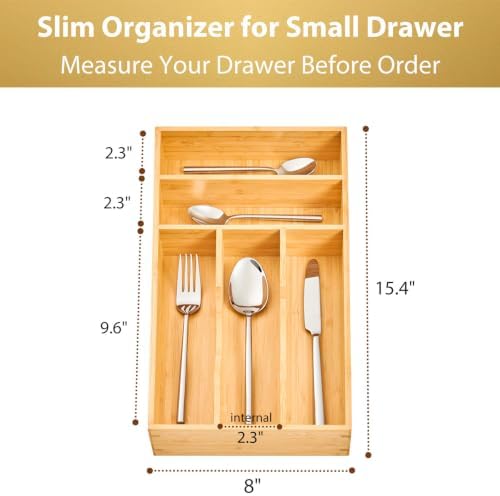 Umilife Bamboo Kitchen Drawer Organizer, 8 Inch Silverware Utensils