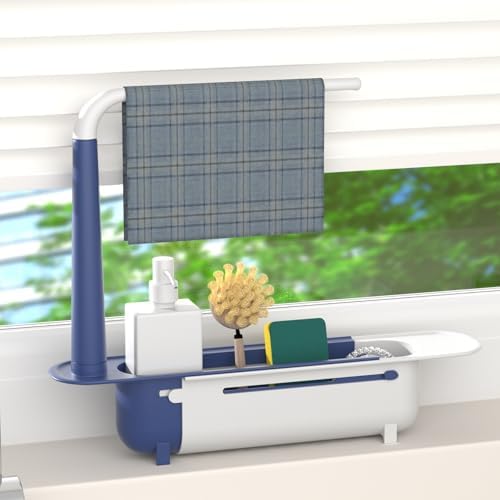 Telescopic Sink Storage Rack with 2 Sponges, Blue