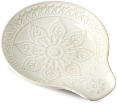 Glazed White Spoon Rest for Stove Top, Ceramic Spoon Holder for