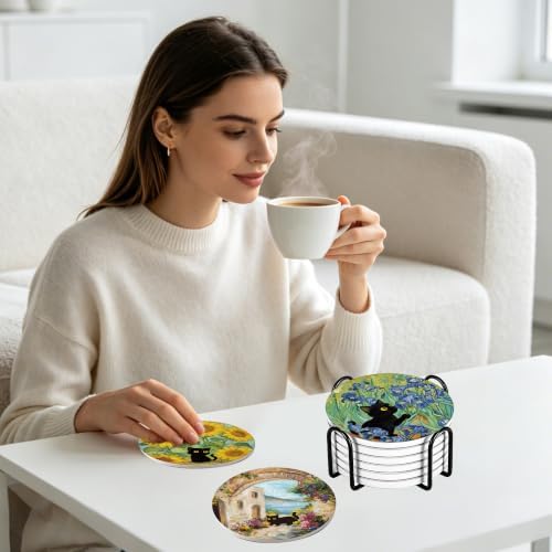 Colorful Black Cat Coasters Set of 6 with Holder