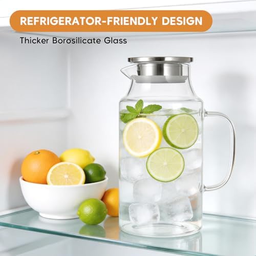 Short 2 Liter Glass Pitcher with Lid and Handle, 68 oz Borosilicate