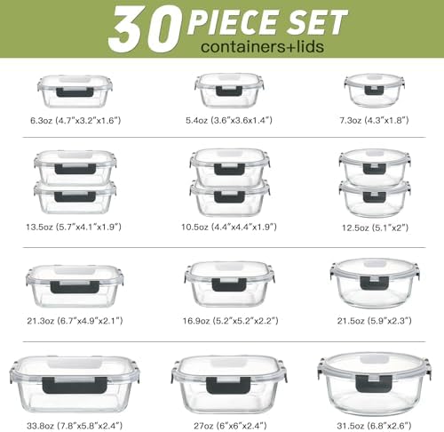 BAYZZ 30-Piece Glass Food Storage Containers with Lids