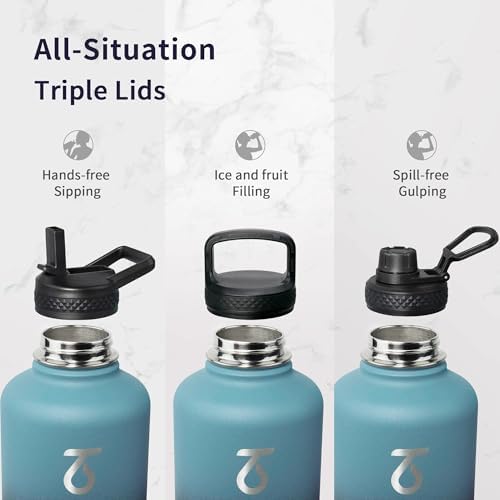 Trebo 64 oz Water Bottle Stainless Steel with 3 Lids, Paracord Handle